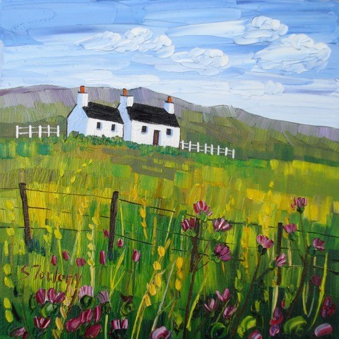'Cottages and Wild Thistles Harris' by artist Sheila Fowler